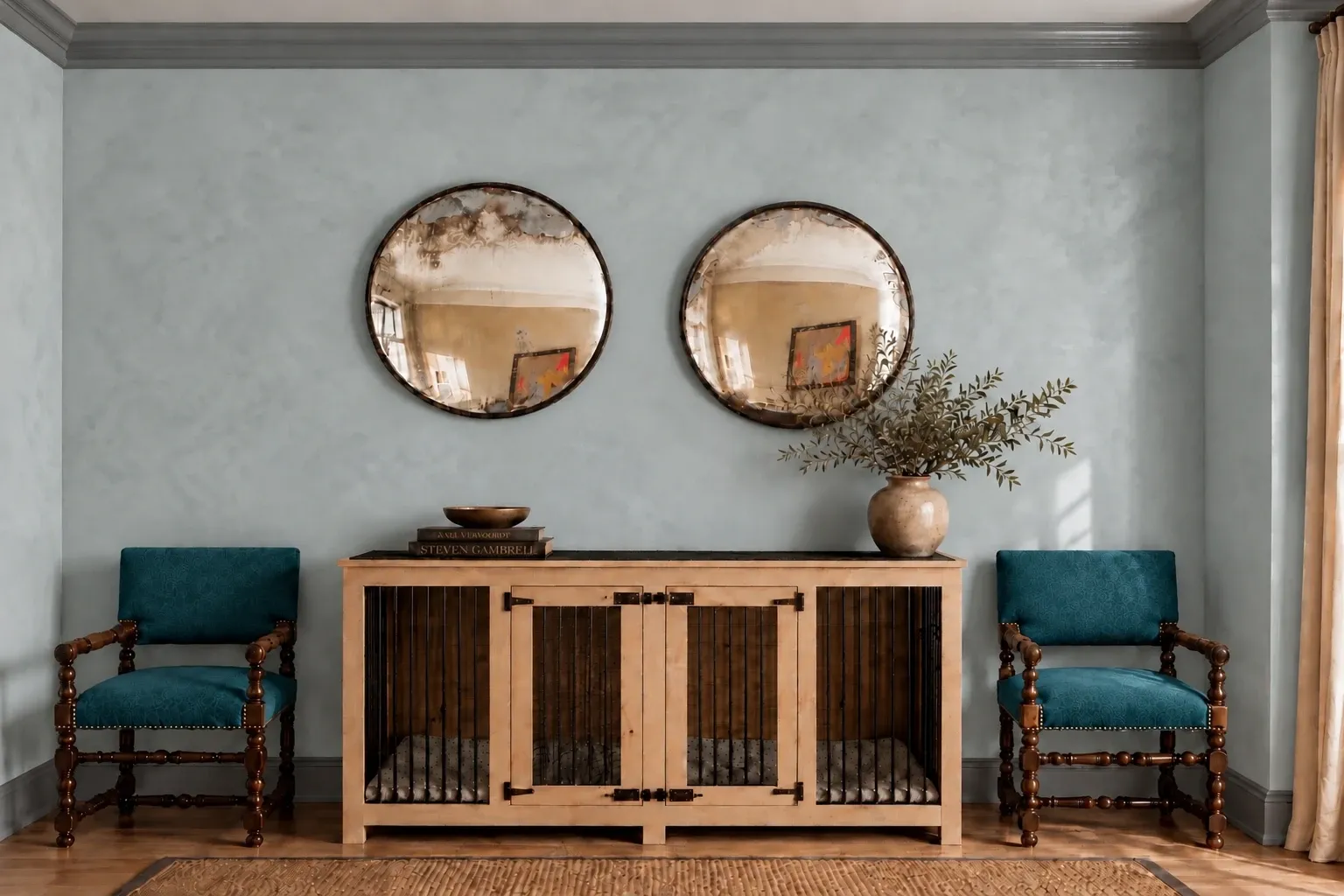 Blue-grey lime plaster walls with grey trim, two round mirrors above a console