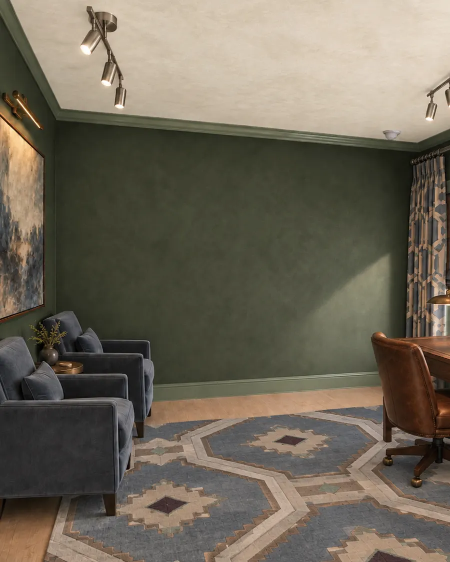 Deep green plaster walls in a home office, with green trim and a textured ceiling