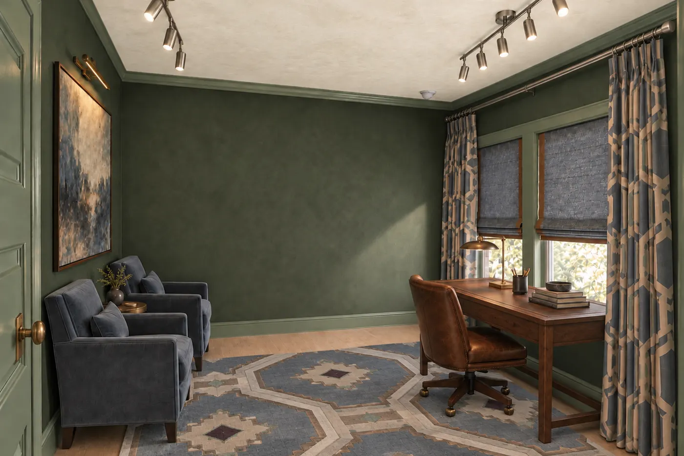 Deep green plaster walls in a home office, with green trim and a textured ceiling